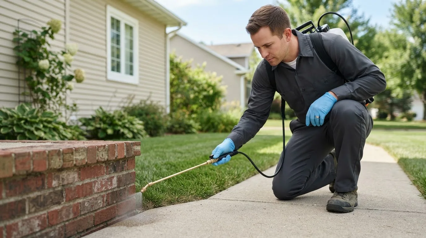 Pest control technician treating a home near Parkman, WY